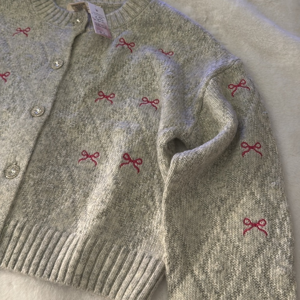 Jessica Simpson gray pink bow bling crystal button cardigan sweater 🎀🎀🎀 💎💎 - Picture 8 of 11